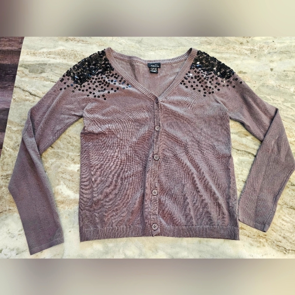 Rue21 Sequin Shoulder Cardigan Sweater Size L – Taupe Button Front Glam Layer